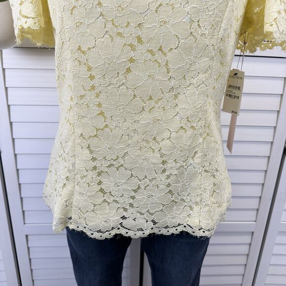 New Rachel Parcell Yellow Clover Lace Blouse Top Short Flutter Sleeve Size L - Picture 4 of 11